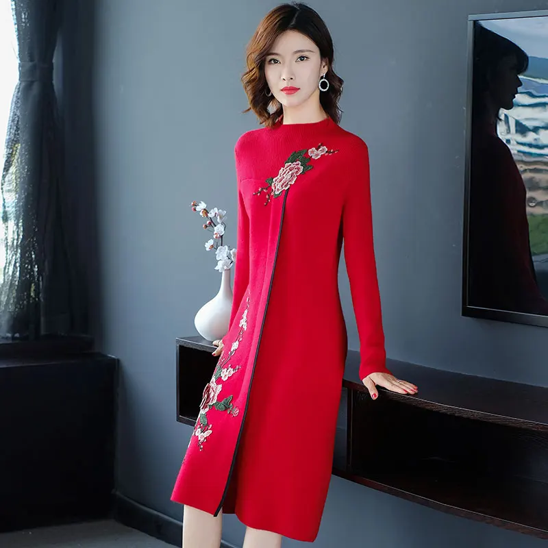 

Traditional Chinese Dress For Women Improve Cheongsam Qipao Dress High Quality Embroider Knitted China New Year Red Dress FF2516
