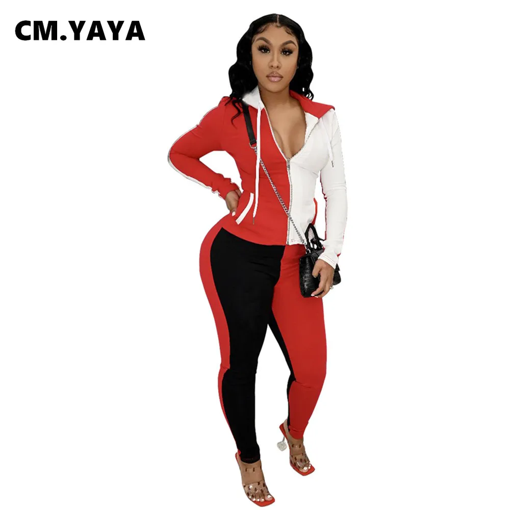 

Женский лоскутный костюм CM.YAYA, облегающий Топ с длинным рукавом и капюшоном, на молнии, брюки-карандаш, комплект из двух предметов, спортивны...