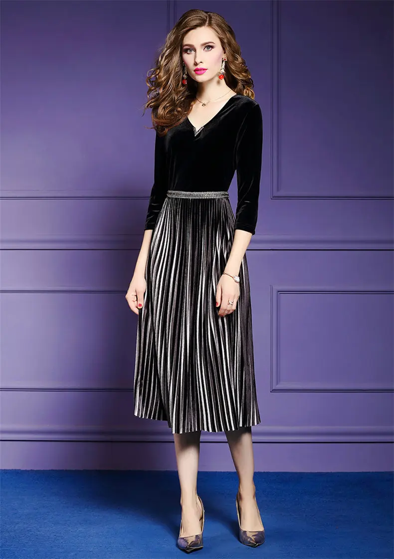 

ZUOMAN Women Elegant Beading Velvet Dress Festa Female Event Party Robe High Quality Designer Pleated Vestidos Plus Size M-4XL