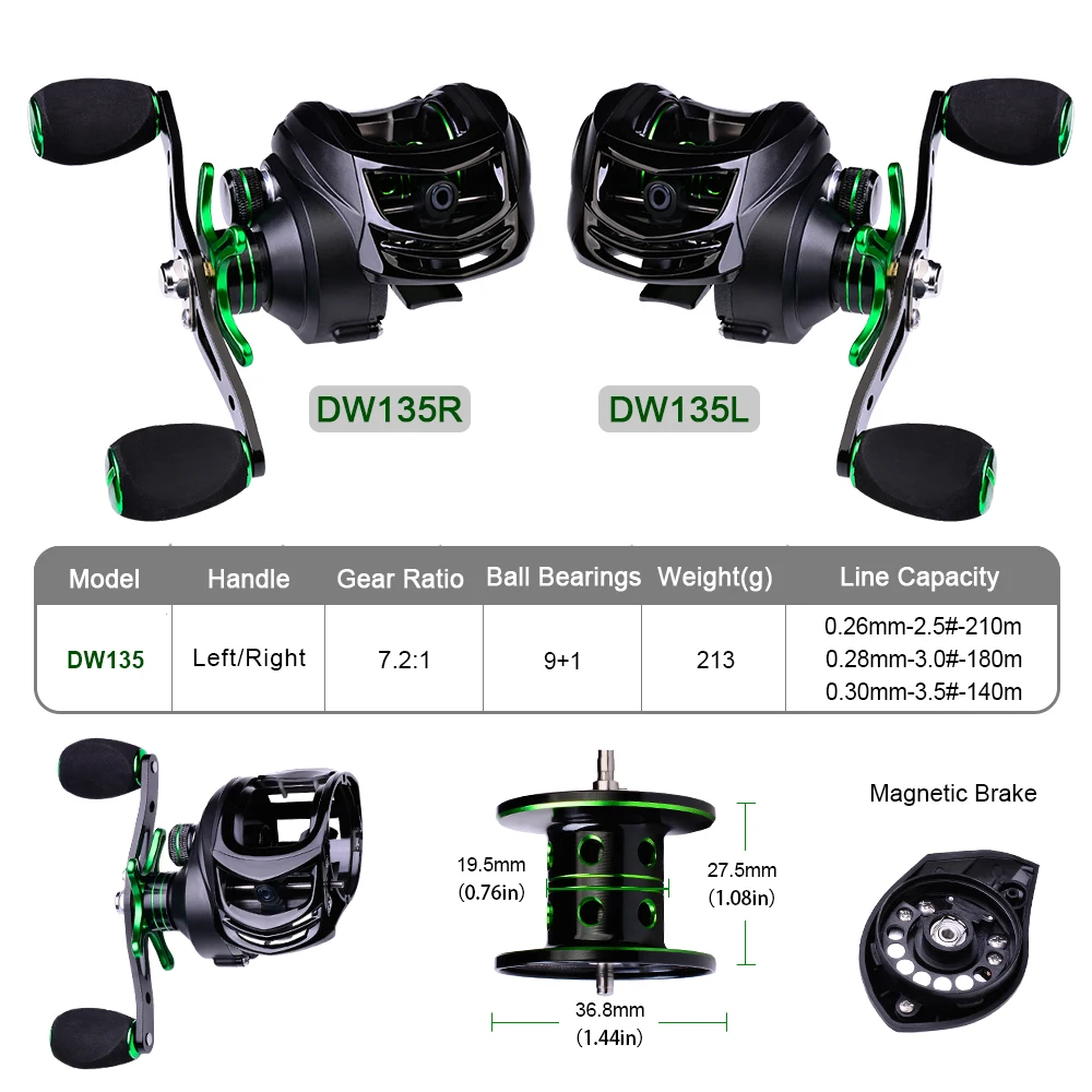 PROBEROS Baitcast Reel 7.2:1 Fishing Black+Green Colors 3+1 Ball Bearings Water Drop10KG Bait casting Hand Wheel | Спорт и
