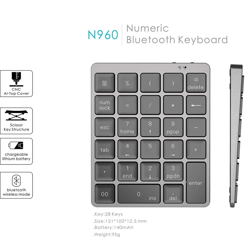 N960 Bluetooth клавиатура Алюминий 28 клавишная зарядка через USB ультра тонкий