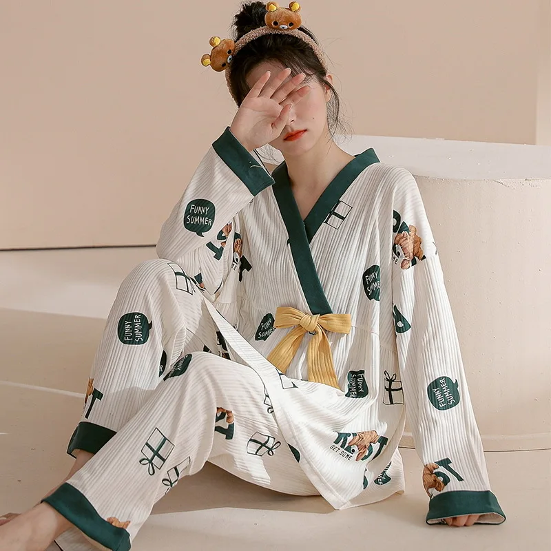 2022 Pajamas Women Spring and Autumn New Japanese Kimono Lovely Cotton Long Sleeve Ladies Loose Home Dress Set
