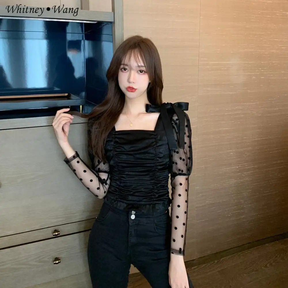 Женская блузка в горошек с бантом и пышными рукавами|Блузки| |