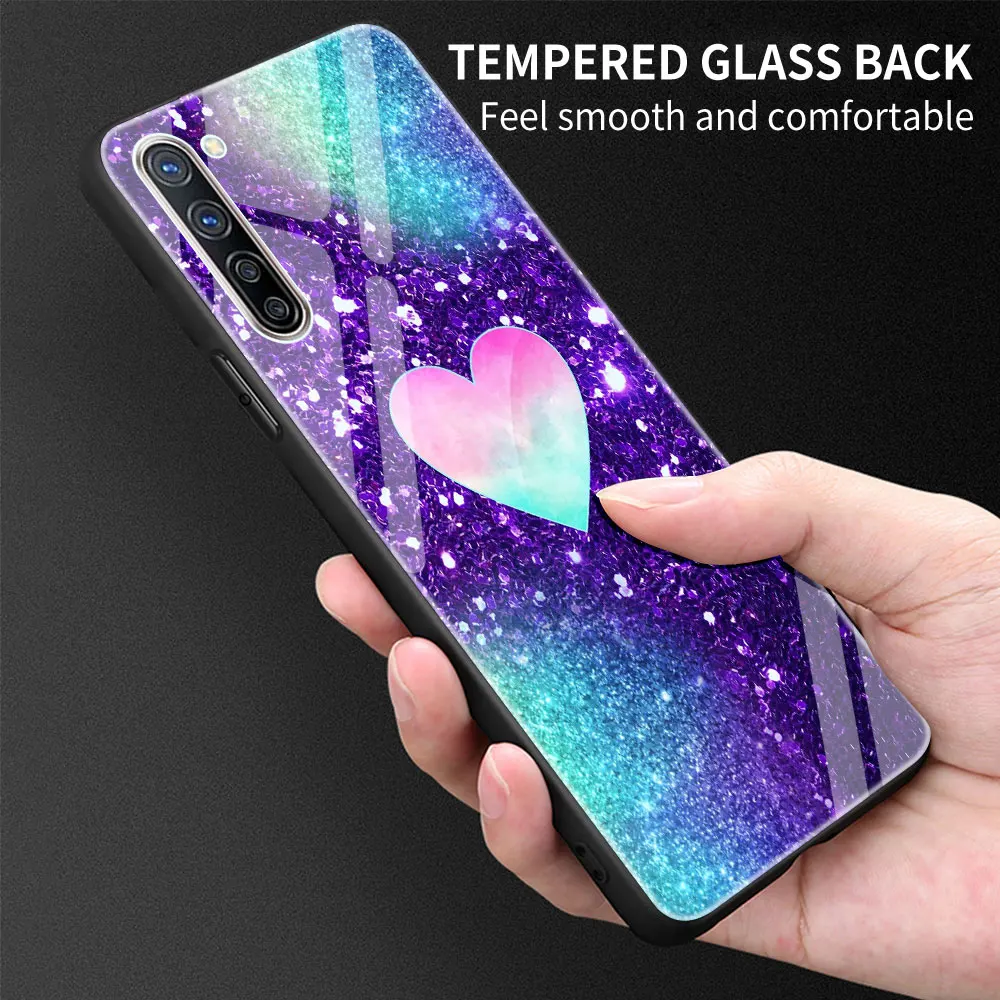 

Heart Glitter Gold Tempered Glass Phone Case for Realme 7 6 5 Pro C3 XT 7i for Oppo A9 2020 A52 Find X2 Lite Cover Shell Capa