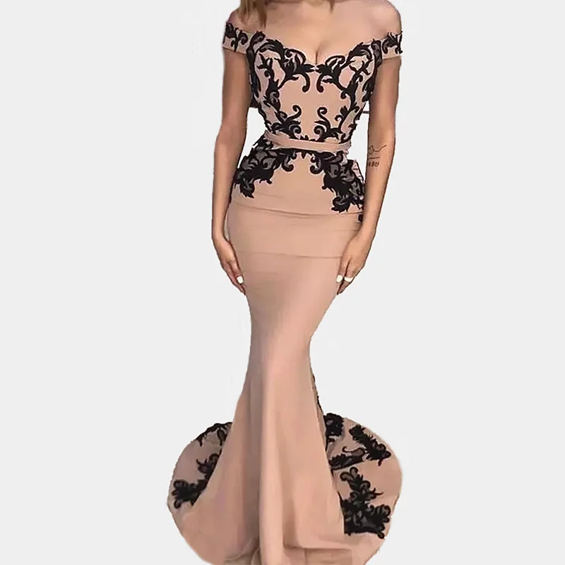 

Rose Color Mermaid Prom Dresses Sweep Train Off Shoulder Sweetheart Neck Black Laces Top Simple Evening Dresses