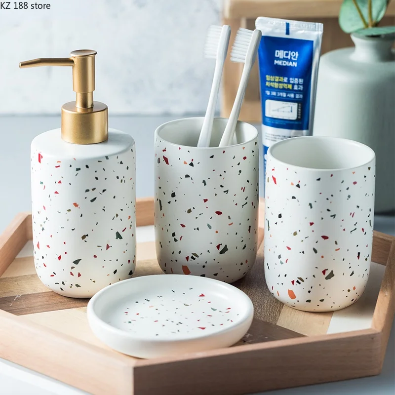 

Simple Bathroom Decoration Ceramic Bathroom Four-piece Lotion Bottle Mouthwash Cup Soap Dish Round Terrazzo Sanitary Ware