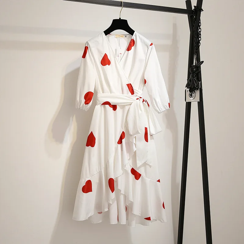 

New Plus Size Women Summer Dresses Yellow White V Neck Half Sleeve Ruffles Edge Bow Sashes 6XL Heart Floral Printed Dress Woman