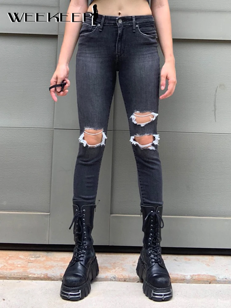 

Weekeep Vintage Ripped Skinny Leg Jeans Women Streetwear Middle Waist Denim Leggings Cut Out Holes Casual Pants Harajuku Trouser