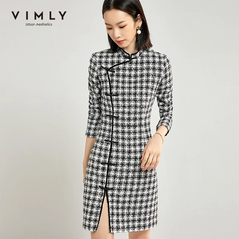Женское платье в китайском стиле Vimly тонкое винтажное с воротником стойкой и