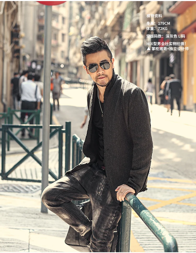 New Spring Retro Black Fur-trimmed Casual Slim Black European Style Suit for Men Stand Collar Men Suit Blazer Brand F8288