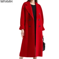 2021 autumn and winter new double breasted suit collar double sided woolen mid length fashion slim coat jacket female polyester