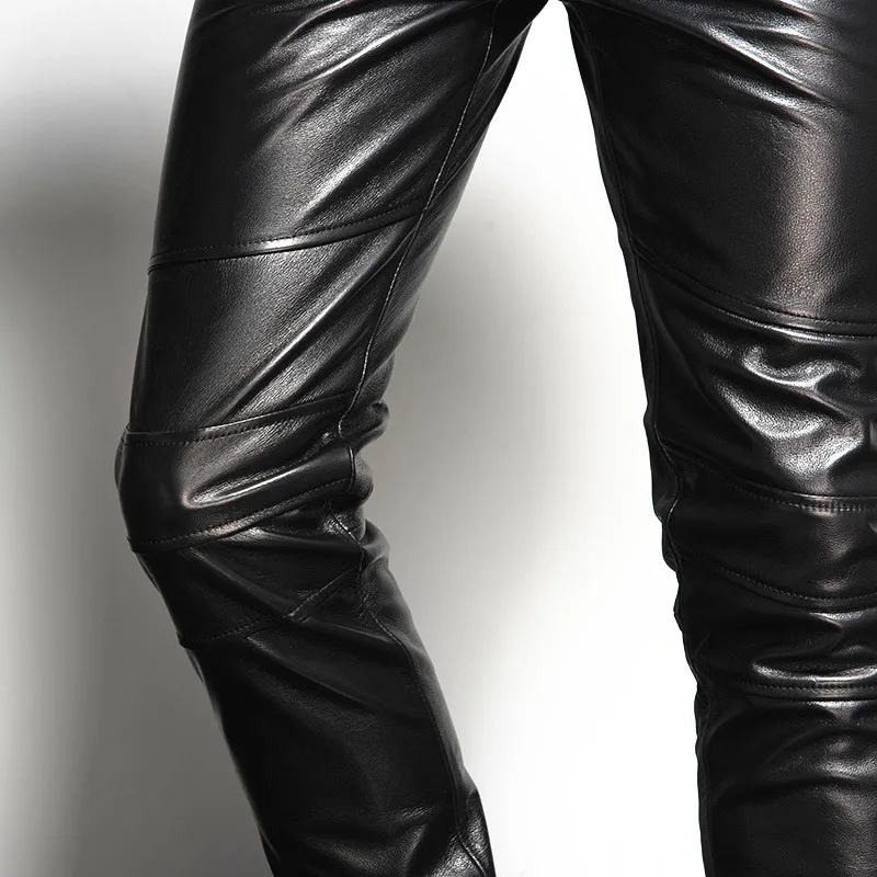 

Genuine Leather Cow Mens New Straight Pants Motorcycle Biker Pants Male Fashion Top Quality Brand Trousers Slim Big Size 36