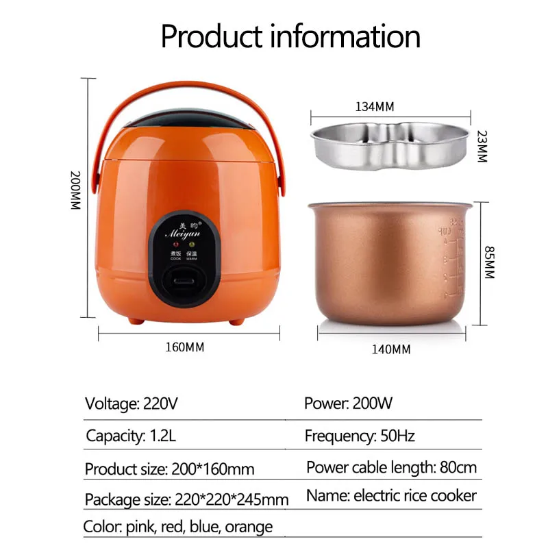 

220V Mini Rice Cooker Food Steamer Meal Cooking Pot Portable Heating Lunch Box Soup Porridge Multifunctional Food Cooker 1.2L
