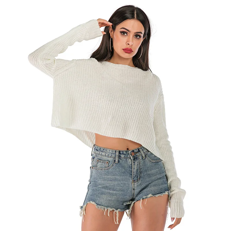 

Autumn Women Sweaters 2021 O-Neck Short Style Solid Color Knit Long Sleeve Bottom Sweater Elegant White Femlae Jumpers Tops