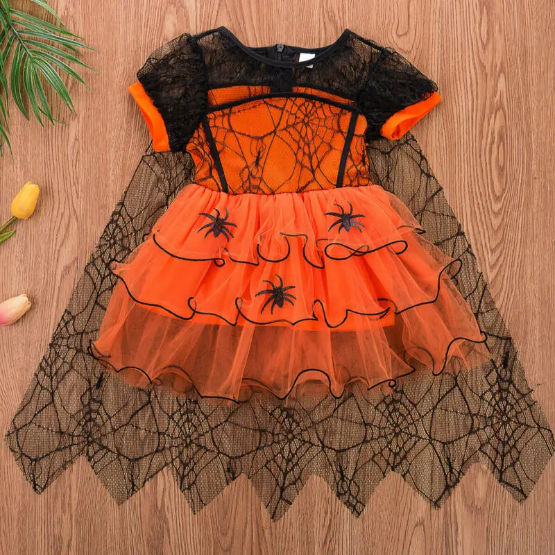 Фото Toddler Baby Girls Halloween Costume Cute Spider Web Tulle Cloak Dress Party Princess Dresses Clothes №2