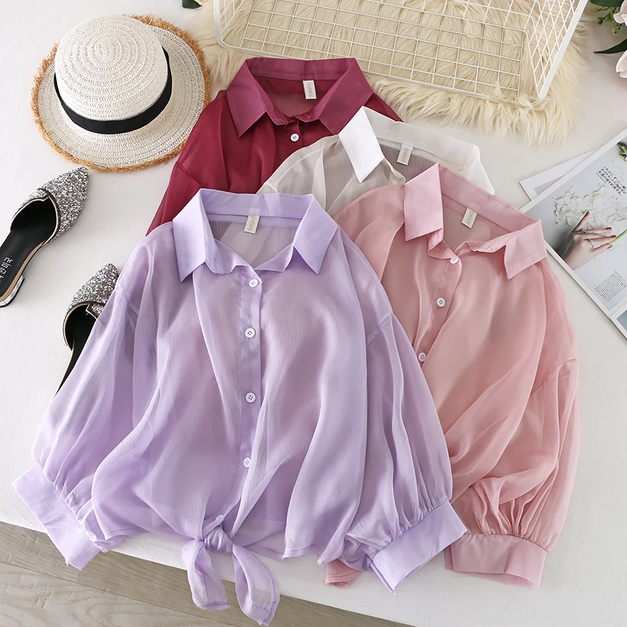 Women Summer Batwing Lantern Sleeve Bandage Strap Chiffon Basic Shirt Elegant Lady Sexy Short Slim Cardigan Button Blouse Tops | Женская
