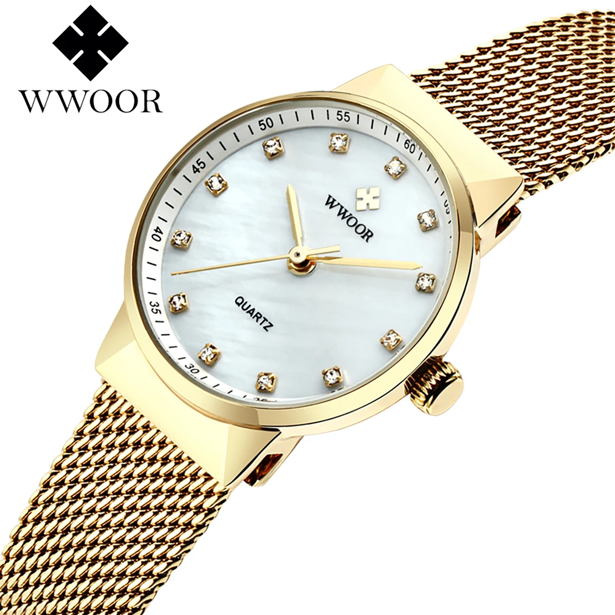 

2021 WWOOR Top Brand Luxury Diamond Gold Women Watches Bracelet Ladies Casual Dress Quartz Small Wristwatches Ladies Reloj Mujer
