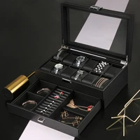 luxury watch box carbon fiber case wooden display watches organizer black cabinet double layer jewelry necklace ring storage box