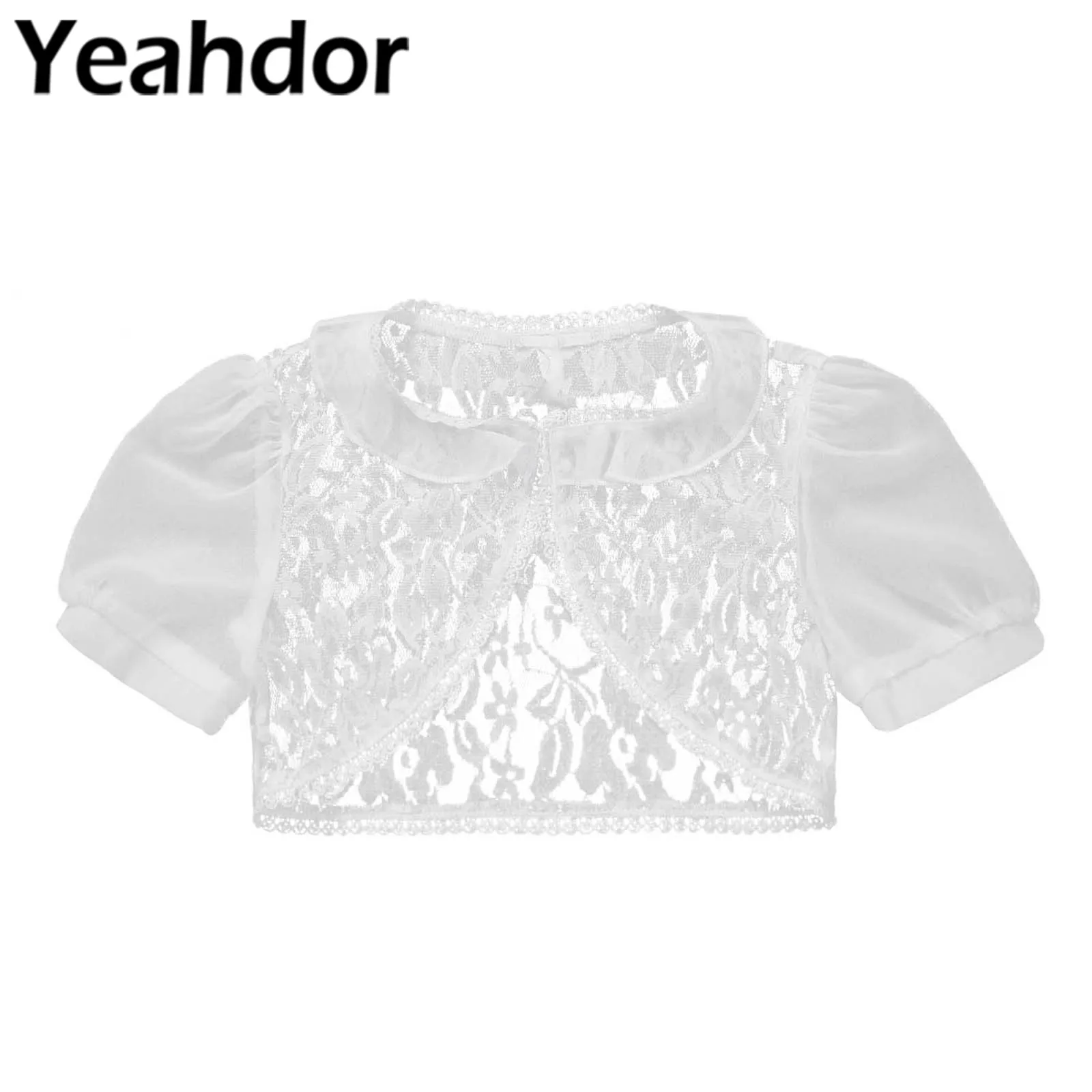 

Girls Bolero Kids Wrap Top Ruffle Shrug Chiffon Short Sleeve Hollow Floral Lace Cardigan Flower Girl Jacket Wedding Accessories