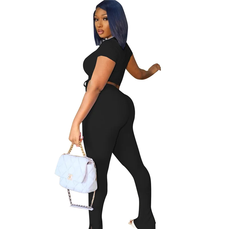 

Summer Sets Womens Outfits Wholesale Items Fashion Round Collar Drawstring Crop Top Casual High Waist Pant Suits Dropshipping