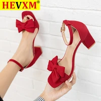 hevxm 2021 summer new red ruffled sandals womens one word buckle strap hollow wild thick heel high heel open toe shoes