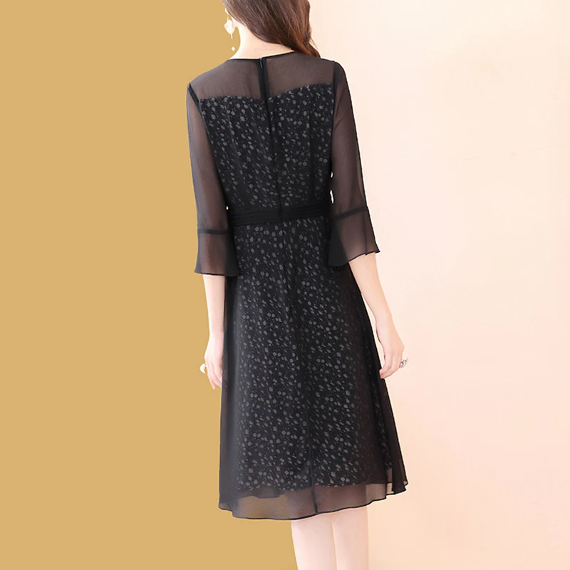 Женское Прозрачное платье-трапеция элегантное черное платье с рукавом до локтя