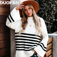 duofan 2021 flare sleeve loose knitted sweaters striped turtleneck sweaters women elegant jumpers casual pullovers wide sleeves