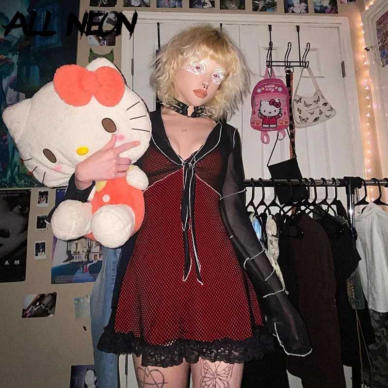 ALLNeon ажурная кружевная отделка E-girl уличная одежда пикантные с открытой спиной