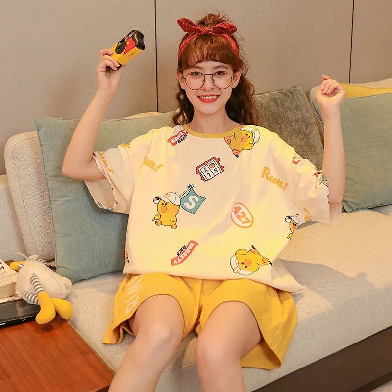 

New Women's Cotton Homedress Pajamas Sets Short Sleeve Shorts Girl's Lovely Nightgown Round Neck Sleepwear Casual Home Clothing