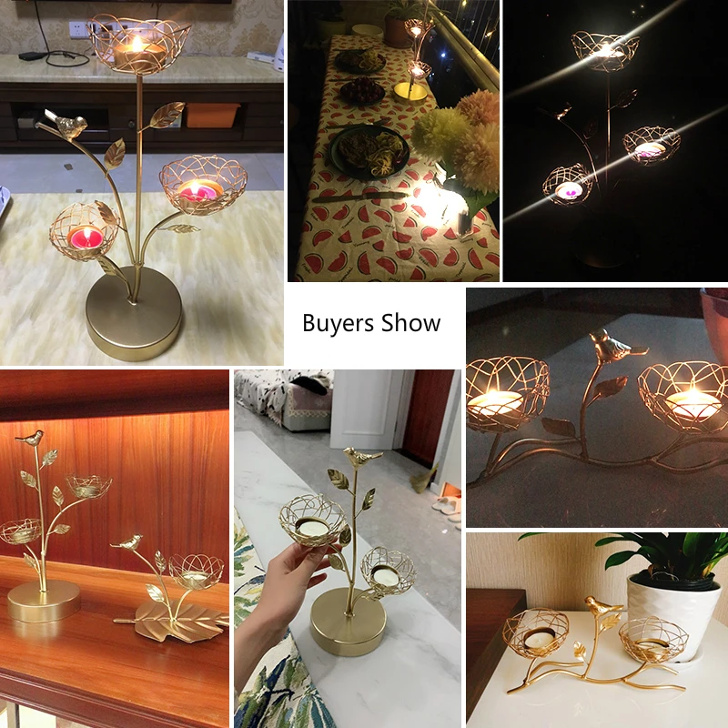 

BOUSSAC Nordic Wrought Iron Bird and Leaves Candle Holders Romantic Dinner Gold Home Decoration Candle Candlestick Wedding Gifts