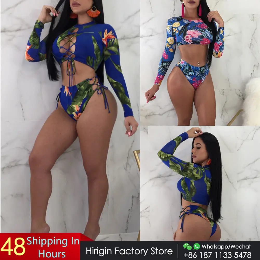 2018 Цветочный комплект бикини с длинным рукавом женский купальник короткий топ