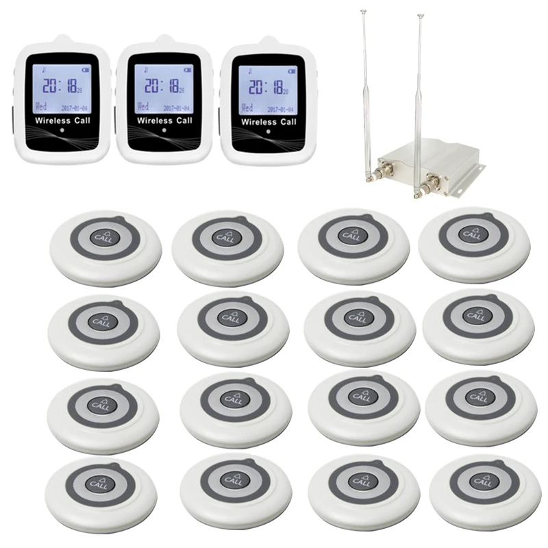 

Беспроводная система вызова большого радиуса действия, 3 ресивера + 16 супер тонких кнопок вызова + 1 ретранслятор для ресторана, официанта