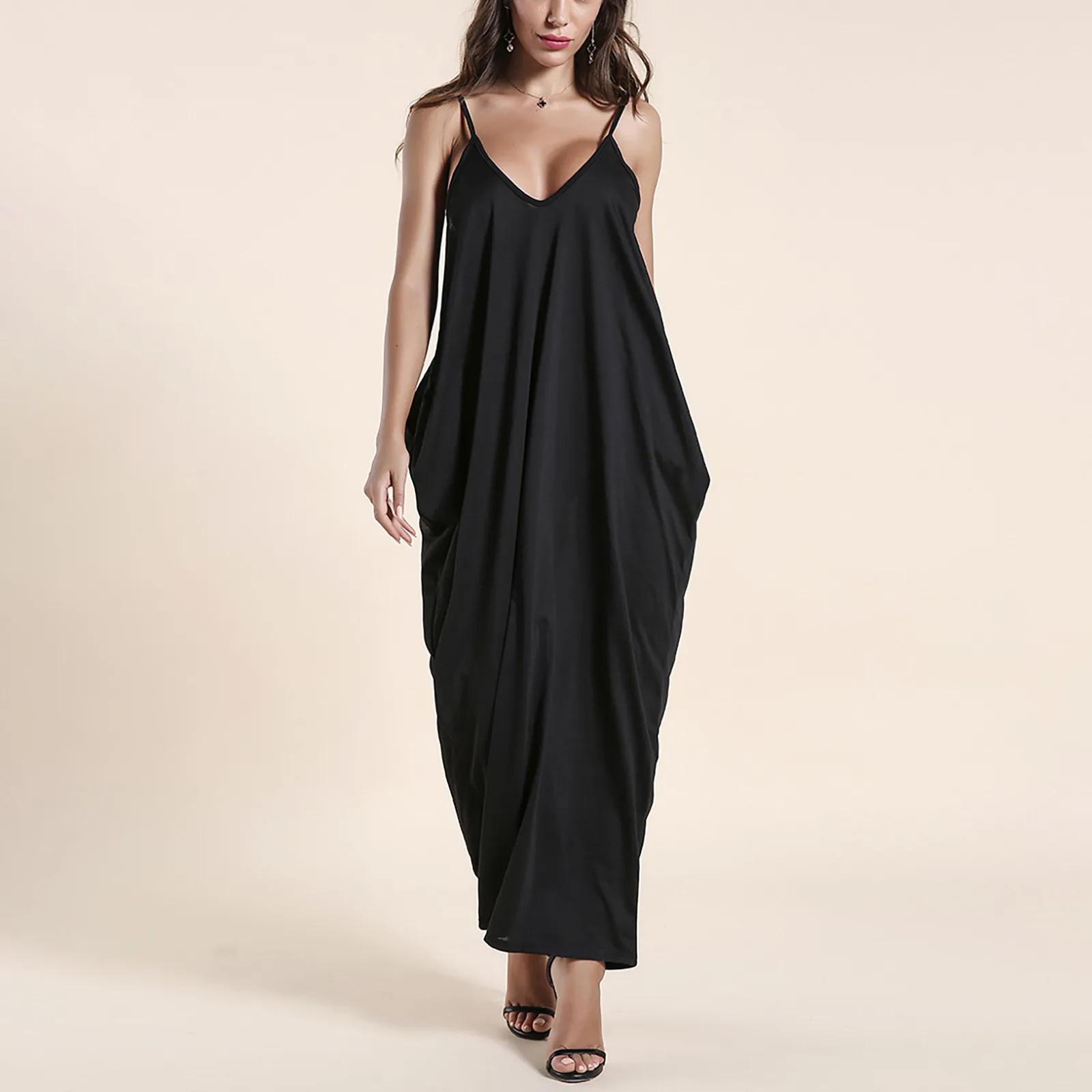 

New Summer Women Sexy Spaghetti Strap Dress Fashion V Neck Loose Beach Dress Knot Strap Shirred Solid Sleeveless Slip Long Dress