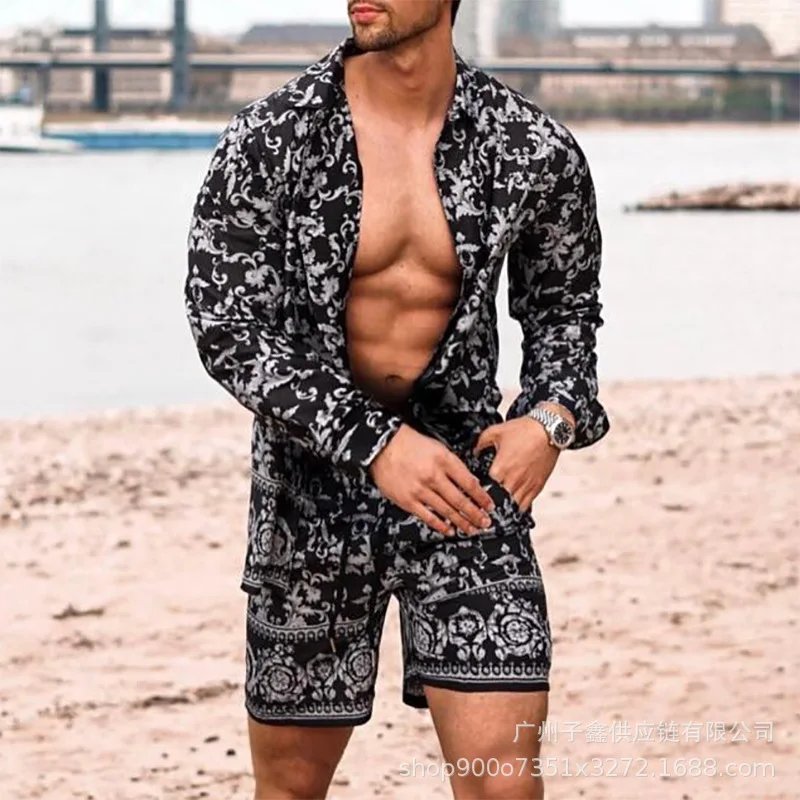 

Men Sets Summer 2021 Lapel Print Long Sleeve Shirts Short Pants Casual Youth Slim Men's Beach Suit Fashion Mens Clothing