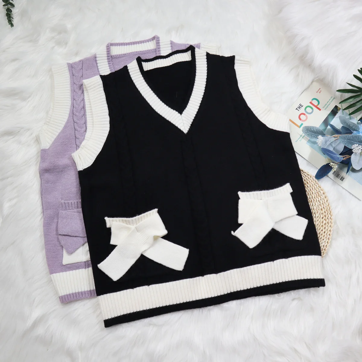 

Autumn Winter Loose Pullover Sleeveless Knit Shirt Top V Neck Sweater Bow Pockets Coat