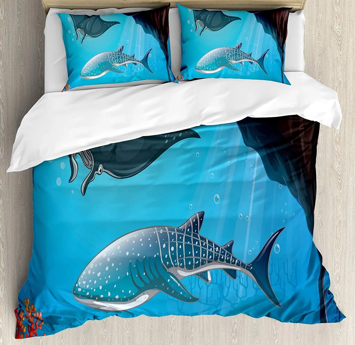 

Shark Bedding Set Shark Deep Water Stingray with Coral Reefs Algae Rocky Cave Exotic Cartoon Style Art Duvet Cover Pillowcase