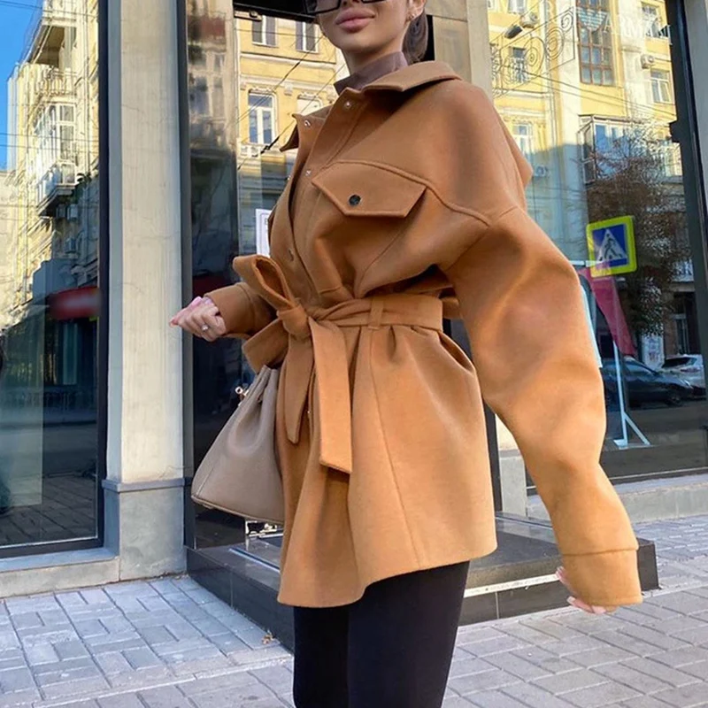 

Autumn Winter Women'S Vintage Woolen Coat Chic Sashes Long Sleeve Elegant Shirt Jacket Female Tops