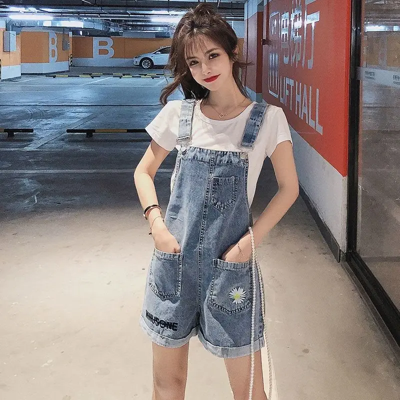 

Rompers Women Denim Solid Leisure Vintage College All-match Streetwear Simple Strap High Waist Wide Leg Female Ulzzang Playsuits