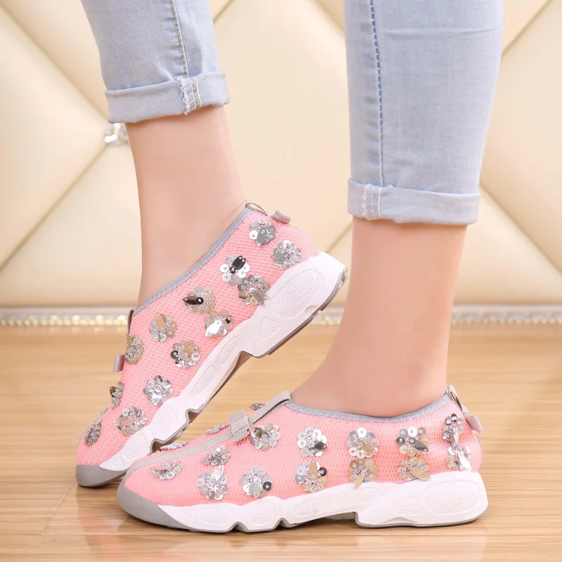 Free Shipping Celebrity Same Paragraph Summer Handmade Mesh Shoes Embroidery Women Casual Flats Sequin Heavy-bottomed For Small Size 33-41 Female |