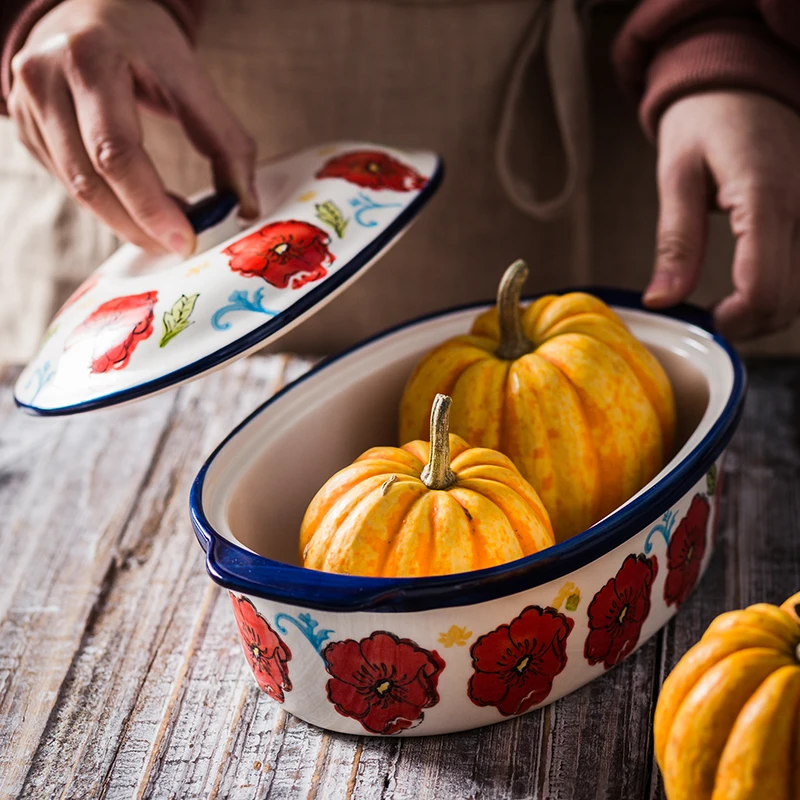 KINGLANG скандинавский Ручная роспись керамические уши противень для выпечки печь