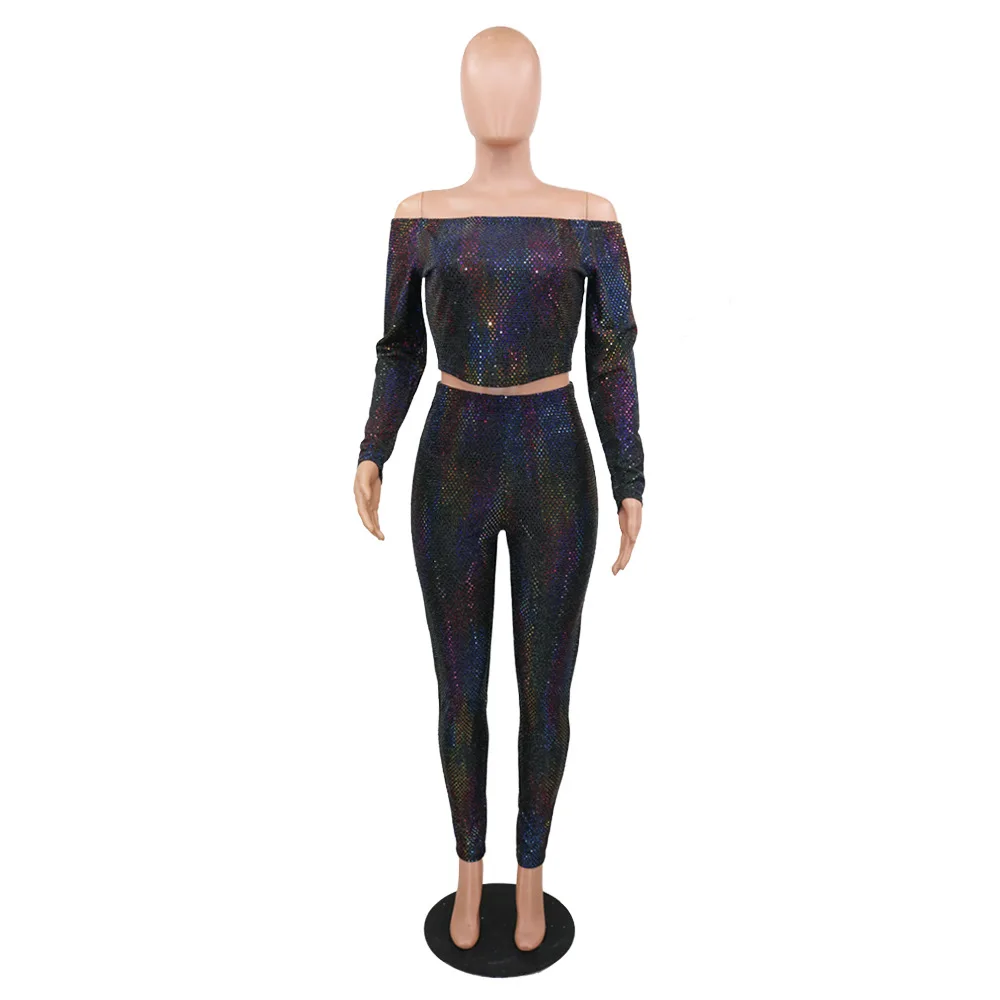 

Two Piece Set Slash Neck Long Sleeve Outfit Set Sexy Sparking Off Shoulder Crop Top Pencil Pants Outdoor Wear Club Suit fashion