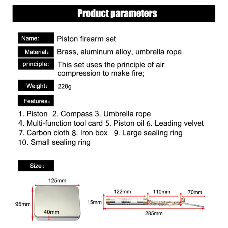 ​Piston Take Fire Set Umbrella Rope Piston Ignition Device Portable Air Compression Igniter For Outdoor Survival | Спорт и