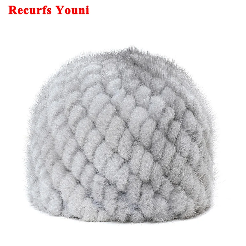 

Fur Round Hats Women Winter Female Pineapple Pattern Hand-Woven Knitting Warm Mink Fur Beanie Christmas Gift For Mum Grandma