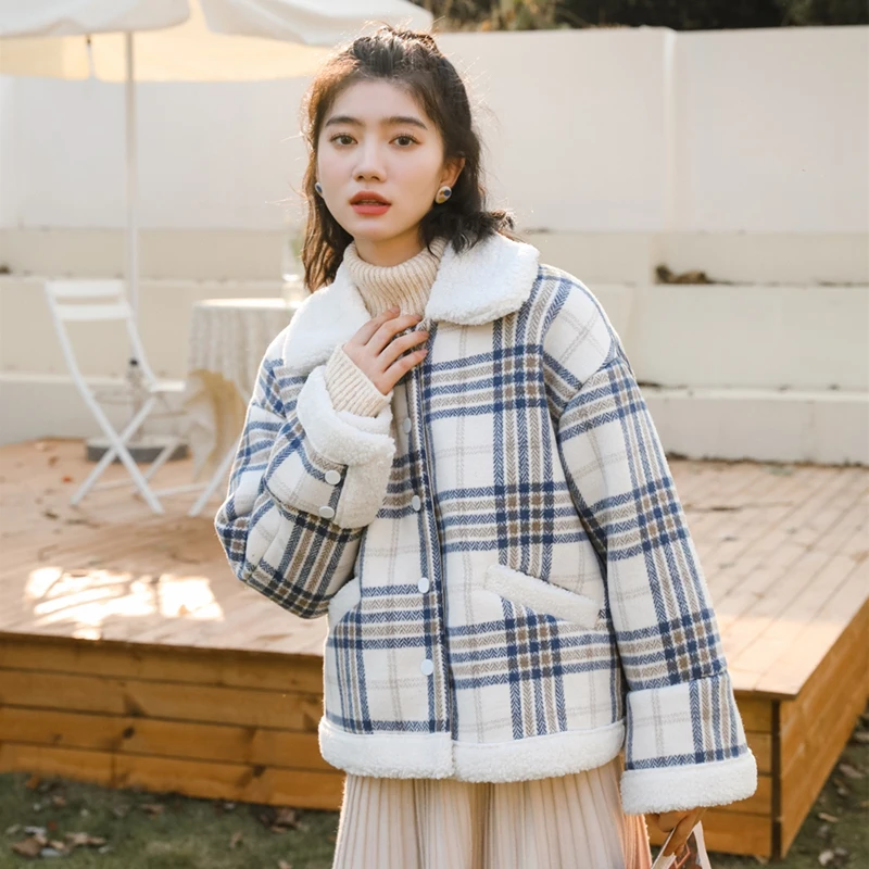 

Осень/Зима 2021 Новое клетчатое шерстяное пальто Женская Корейская версия свободное Короткое шерстяное пальто из овечьей шерсти
