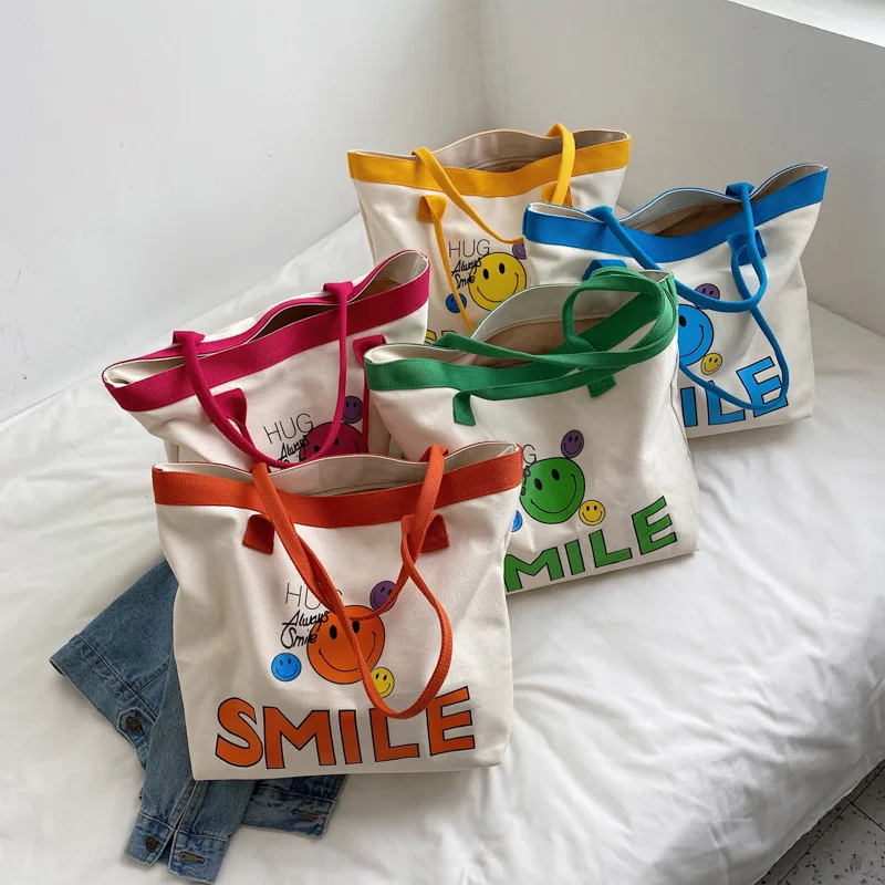 

Сумка-тоут Экологически чистая многоразовая сумка для покупок хорошее качество Холщовая Сумка с принтом улыбающегося лица женская сумка н...