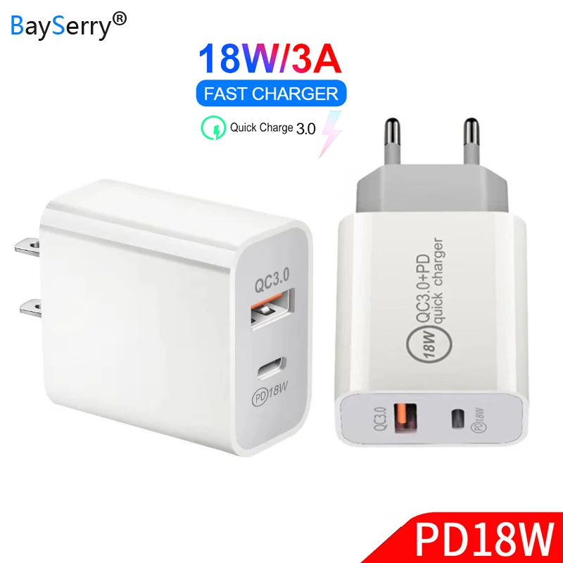 BaySerry 18 Вт USB Type C PD3.0 Быстрая зарядка 2 порта QC быстрое зарядное устройство 5 В 3A