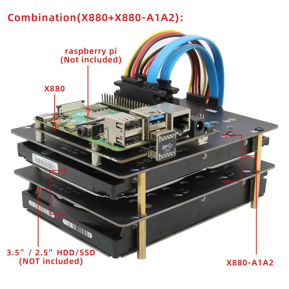 Плата расширения для Raspberry Pi 4 model B X880 двойная плата SATA Gen3 HDD 2 5/3 5 дюйма HDD/SSD |