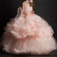 pink flower pageant dresses for wedding kids ball gowns tiered ruffles backless first communion dresses for girls