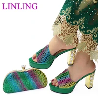 comfortable heels 2021 design nigerian women shoes and bag to match in green color decorate with rhinestone for wedding party
