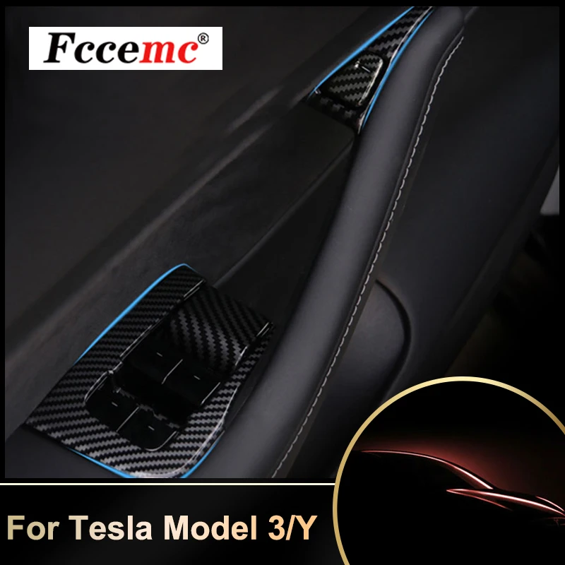 

14pcs Car Window Lifter Door Switch For Tesla Model 3 Matte Black Carbon Fiber Model Y Stock Decorate Car Accessories Patches